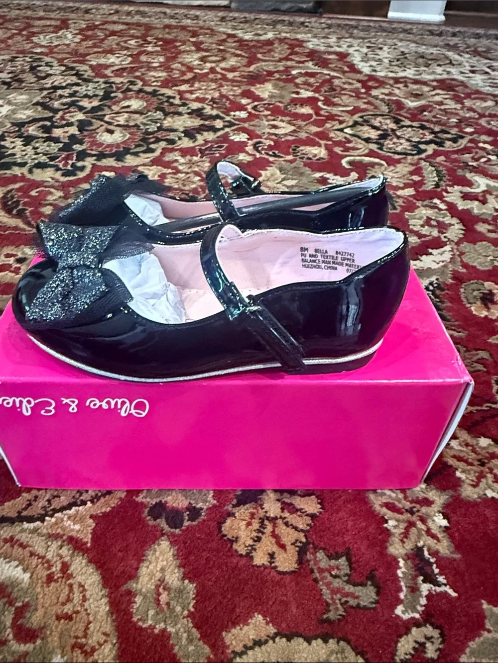 Olive & Edie Black Patent Mary Jane Shoes with Glitter Bow